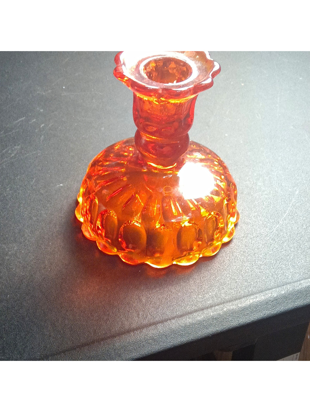 Vintage LE Smith Moon and Stars Amberina Glass Candlestick Holder Red Orange USA